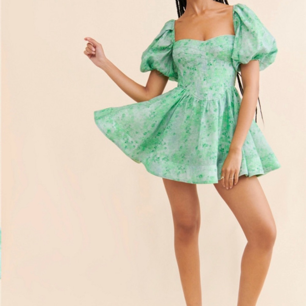 Green Floral Puff Sleeve Dress